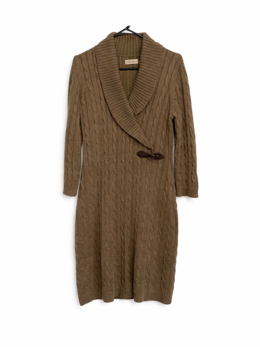 Calvin Klein Cable Knit Sweater Dress Large Olive Green Shawl Collar Midi